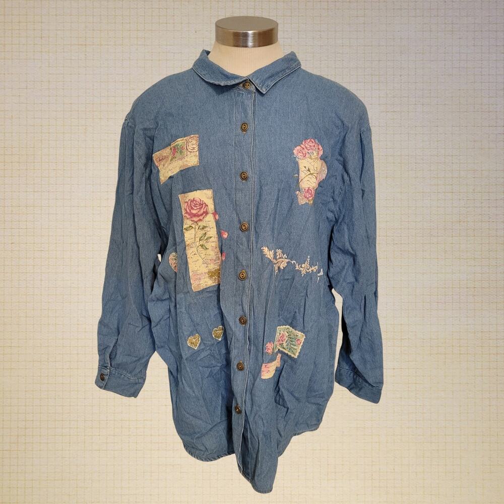Cottagecore 90s Denim Button-Down Blouse Rose Patchwork XL Cotton Blend Oversize